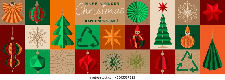 Have a Green Christmas banner. Geometric composition with Christmas tree paper ornament.