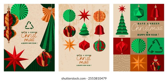 Have a Green Christmas, poster set. Composition with Christmas tree paper ornament.