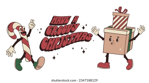 Have a groovy Christmas. Vector illustration of christmas mascots: cartoon candy cane and gift box with eys, hands, legs and hand lettering in retro style