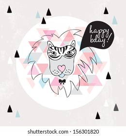 Have a happy birthday hipster lion with mask and bow postcard geometric cover design in vector