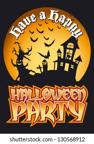 Have a Happy Halloween Party Graphic with Scary Tree, Haunted House and Bats. Editable vector illustration.