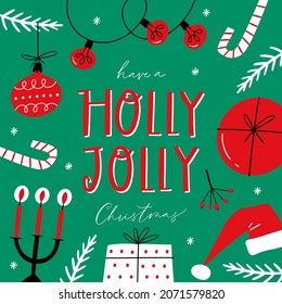 Have a Holly Jolly Christmas. Holiday greeting card with handwritten modern lettering. Xmas hand drawn design elements