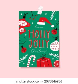 Have a Holly Jolly Christmas. Holiday greeting card with handwritten modern lettering. Xmas hand drawn design elements