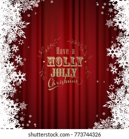 Have a holly jolly Christmas with many snowflakes on red curtain background.