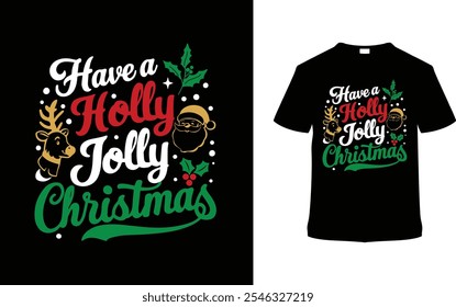 Diseño de camisetas de Navidades Holly Jolly, ropa, Ilustración vectorial, Plantilla gráfica, Impresión a la carta, telas textiles, estilo retro, tipografía, vintage, eps 10, elemento, camiseta del día de Navidad