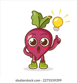 Have an Idea Happy beetroot Character Cartoon Mascot. Happy beetroot Pointing Finger Up at The Light Bulb