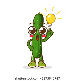 Have an Idea Happy zucchini Character Cartoon Mascot. Happy zucchini Pointing Finger Up at The Light Bulb