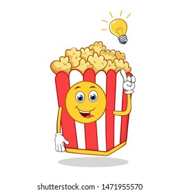 Have an Idea Popcorn Red White Box Cartoon Mascot Character. Happy Popcorn Pointing Finger Up at The Light Bulb. 