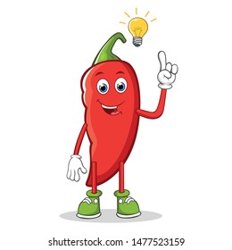 Have an Idea Red Chili Pepper Cartoon Mascot Character. Happy Chili Pointing Finger Up at The Light Bulb. 