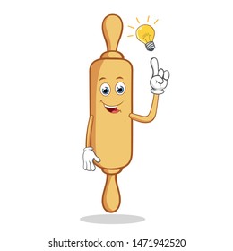 Have an Idea Rolling Pin Cartoon Mascot Character. Happy Rolling Pin Pointing Finger Up at The Light Bulb.