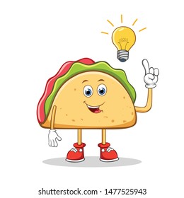Have an Idea Taco Mexican Cartoon Mascot Character. Happy Tacos Pointing Finger Up at The Light Bulb.