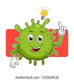 Have an Idea Virus Cartoon Mascot Character . Happy Virus Cartoon Covid-19 Pointing Finger Up at The Light Bulb
