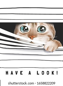 Have A Look Slogan With Cute Cat Peeking Through Window Blinds Illustration