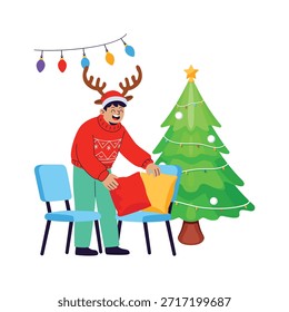 Echa un vistazo a esta increíble ilustración plana de un hombre eligiendo regalos de Navidad
