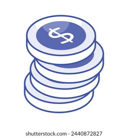 Echa un vistazo a este icono isométrico cuidadosamente diseñado de dinero, vector de pila de moneda de dólar