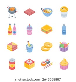 Have a look at this collection of food items and refreshing drinks isometric icons