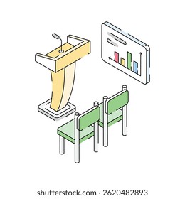 Have a look at this modern isometric showing business seminar setup