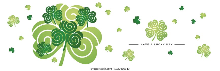 Have a Lucky Day St Patricks Day green handwritten clovers spiral vintage sample shamrock on isolated white background banner