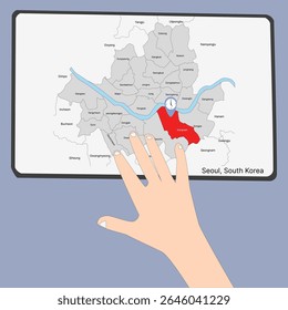 Eu fiz uma ilustração de um mapa de Seul Coreia do Sul com distritos vizinhos e a localização de Gangnam.