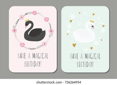 Have a magical birthday. Cute vector birthday cards with  black and white swans. Cute vector birds.