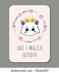 Have a magical birthday. Cute vector birthday card with hand-drawn cat. Lovely kitten.