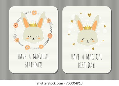 Have a magical birthday. Cute vector birthday cards with rabbits.
