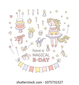 Have a magical birthday set. Little horse girl with birthday cake and her friend funny mice, gift boxes, candles, cupcakes, birthday caps and other cute elements to create children b-day design.