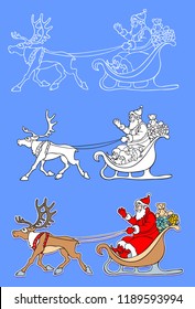 Have a Merry Christmas and Happy New Year! A Christmas set with three pictures of Santa Claus.
Santa Claus is driving a Christmas Sleigh with a Reindeer.