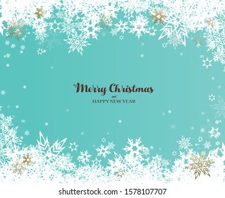 Have a Merry Christmas vector illustration with many snowflakes on turquoise background.