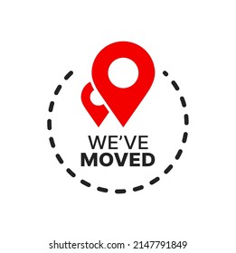 Have move icon or sign with red location pins in vector frame of route or path symbol. New location of home or office, address change and business relocation isolated icon, we have moved badge