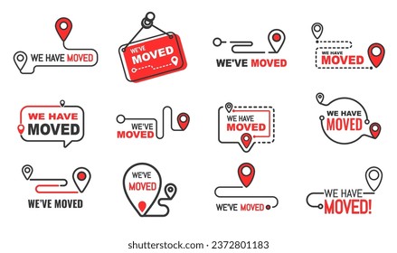 Sie können die Symbole verschieben, neue Büro- oder Wohnungsanschriften ändern. Vektorkarten-Standortpins und -Routen im Rahmen von Sprachblasenrahmen isolierte Zeichen von Unternehmensverlagerungen, Ankündigungs-Beschilderung