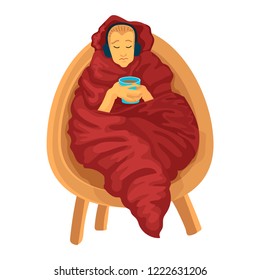 I have muffled in a blanket, the man has a rest or is ill, earphones on the head, in hands a cup of tea or coffee