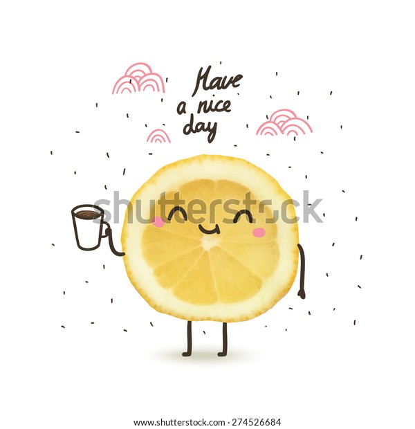 良い日を過ごす レモンを飲むコーヒーや紅茶を入れたかわいいおかしな漫画のイラスト のベクター画像素材 ロイヤリティフリー