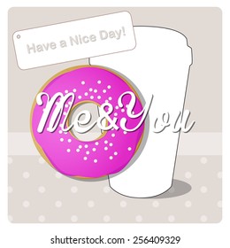 have a nice day with a donut with icing and sprinkles and a cup of coffee on polka dot background