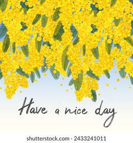 Habt eine schöne Tag Grußkarte mit gelben Mimosa Blumen Baumblüte. Motivation, Wunschposter, Banner, Web