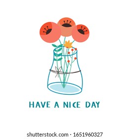 Que tengas un buen día. Cartas dibujadas a mano aisladas sobre fondo blanco y jarrón con flores. Elemento de diseño para afiche, tarjeta de saludo, banner. Ilustración del vector