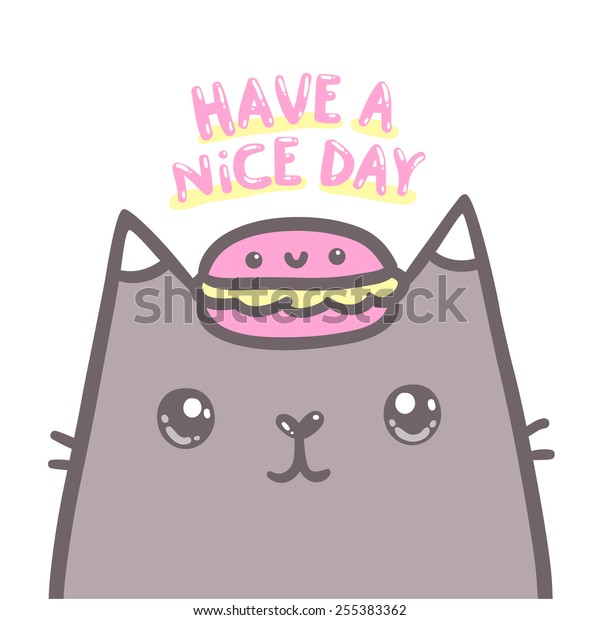 良い日のイラストをお願いします 頭にピンクのマカロンを付けたかわいい漫画の落書き猫 のベクター画像素材 ロイヤリティフリー