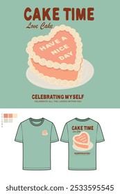 Que tengas un buen día. Pastel de amor. Dulce club. Arte vectorial de pastel de cumpleaños feliz, pastel de cereza y fresa. Diseño gráfico de la impresión de la torta de la vainilla de la fruta para la camiseta, la ropa, los carteles, el fondo y otros.