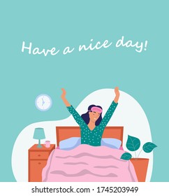 Have a nice day. Postcard. A young woman wakes up. The concept of daily life, everyday leisure and work activities. Flat cartoon vector illustration.