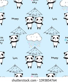 Have a nice day. Seamless pattern with cute pandas and umbrellas for textile, wallpapers, wrapping paper and scrapbook. Blue background. Vector illustration.
