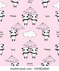 Have a nice day. Seamless pattern with cute pandas and umbrellas for textile, wallpapers, wrapping paper and scrapbook. Pink background. Vector illustration.