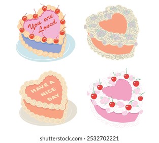 Have a nice day. Sweet club. Happy birthday cake set vector art, Cherry and strawberry cake. Fruit vanilla cake graphic print design for t shirt, apparel, posters, background and others.