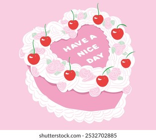 Que tengas un buen día. Dulce club. Diseño gráfico de la impresión de la torta de la vainilla de la fruta para la camiseta, la ropa, los carteles, el fondo y otros. Pastel de cumpleaños feliz conjunto Arte vectorial, pastel de cereza y fresa.