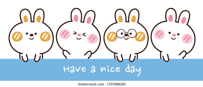 Have a nice day writing with cute rabbits, hand-drawn banner.Cartoon character design. Vector Illustration.