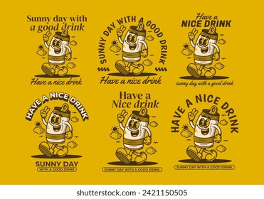 Have a nice drink. sunny day with a good drink. Mascot character illustration of a walking beer can