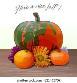 'Have a nice fall !' greeting card vector illustration. Big green and red pumpkin, mandarins and flowers standing on a brown wooden table. Autumn composition.