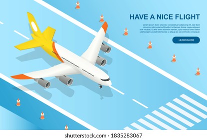 Have a nice flight concept with the plane speeding down the runway for takeoff. Web page, landing page or website template. Flat cartoon vector illustration