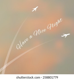 Have a nice flight on the  cloudy sky background with airplane.  Vector 