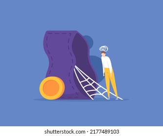 have no money or income. run out of money. a man who is confused, dizzy, and stressed because his wallet is empty. Financial problems and economic crisis. the poor. concept illustration design
