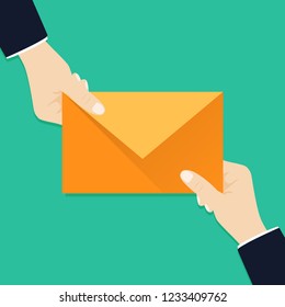 I have one incoming message for you. Hand holding envelope, letter. Email message concept. New, incoming message. Eps10